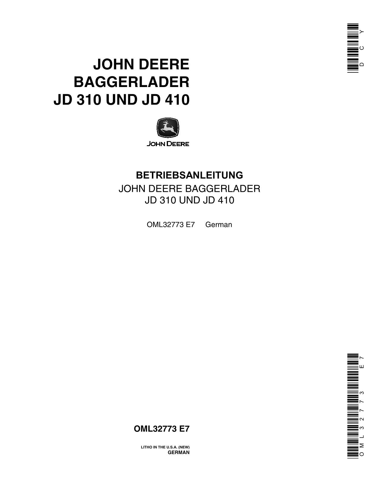JOHN DEERE BAGGERLADER JD 310 JD 410 BETRIEBSANLEITUNG