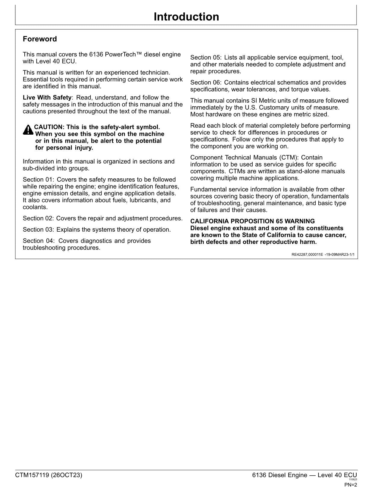 John Deere 6136 Engine Level 40 ECU REPAIR SERVICE TECHNICAL MANUAL CTM157119