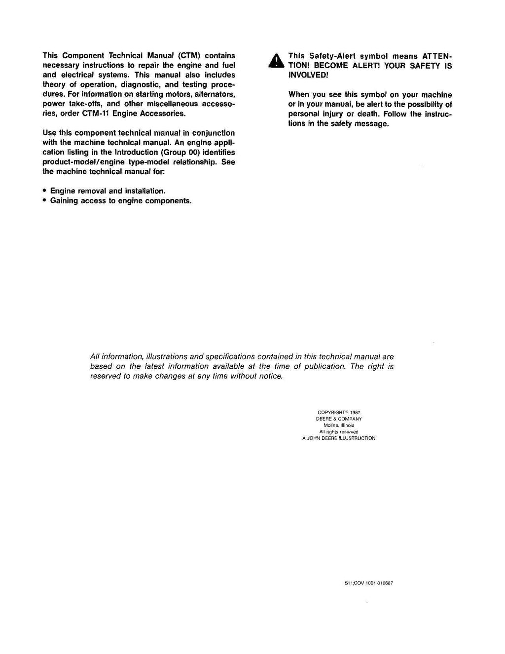 John Deere 8955 Engine REPAIR SERVICE TECHNICAL MANUAL CTM10