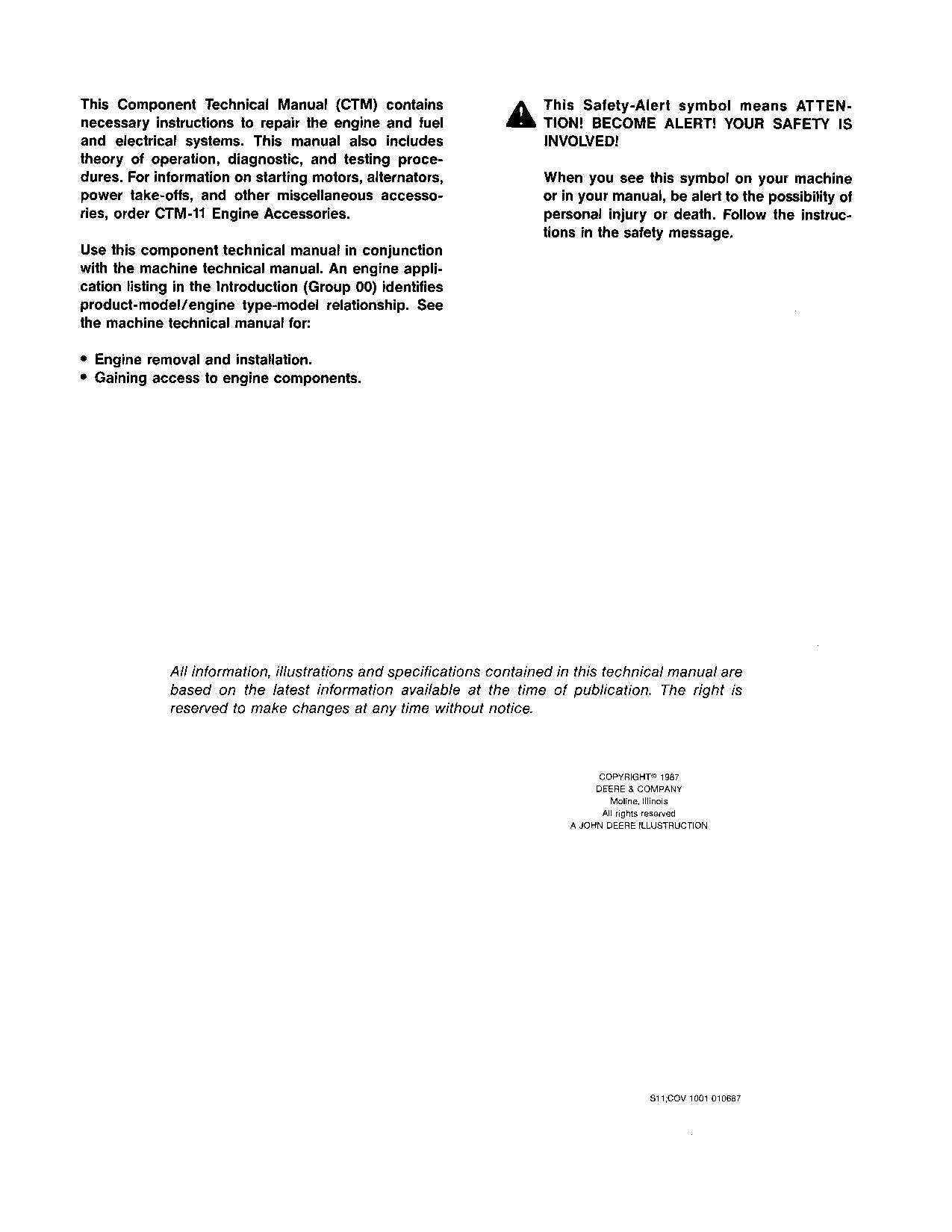 John Deere 8955 Engine REPAIR SERVICE TECHNICAL MANUAL CTM10