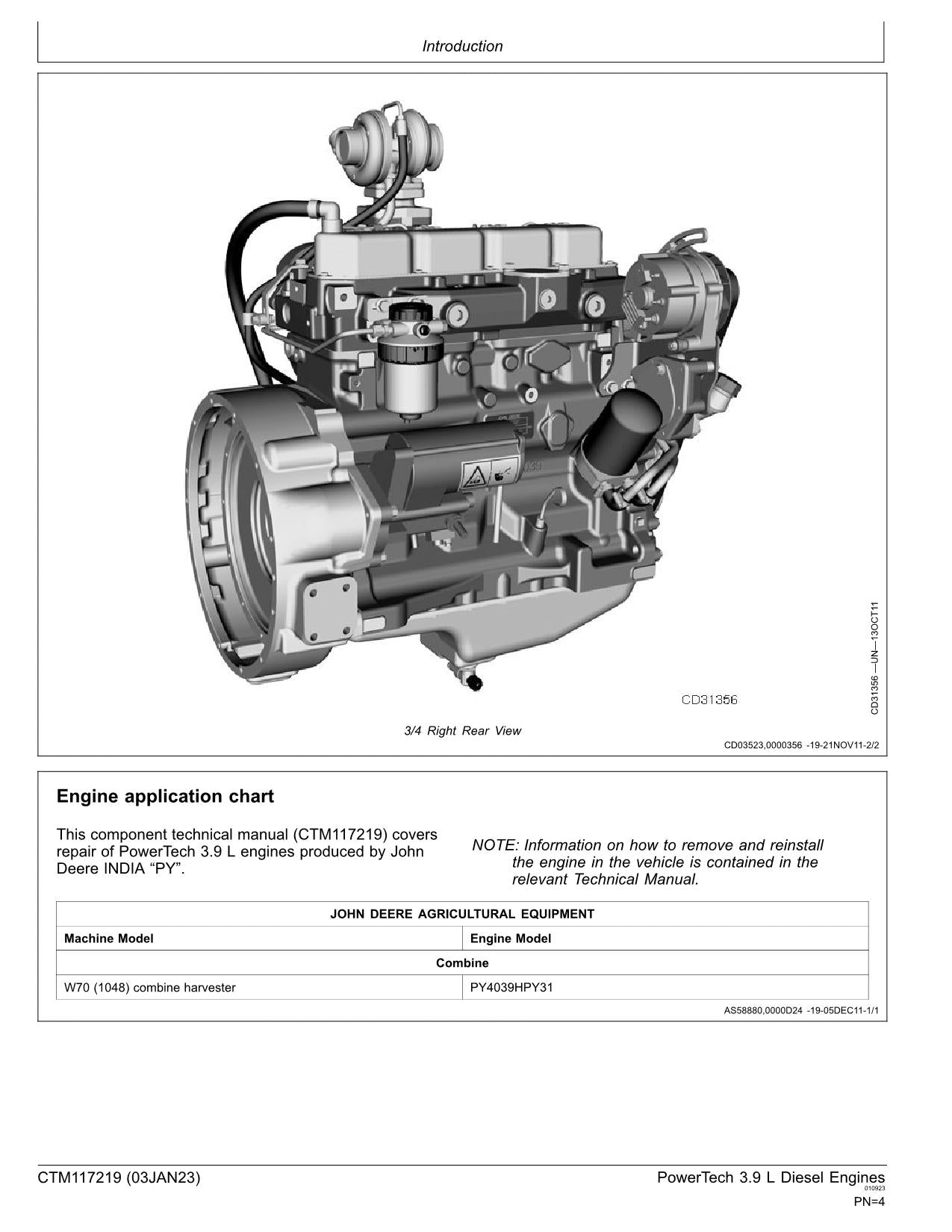John Deere PowerTech 4039 3.9 W70 L Engine REPAIR SERVICE MANUAL CTM117219