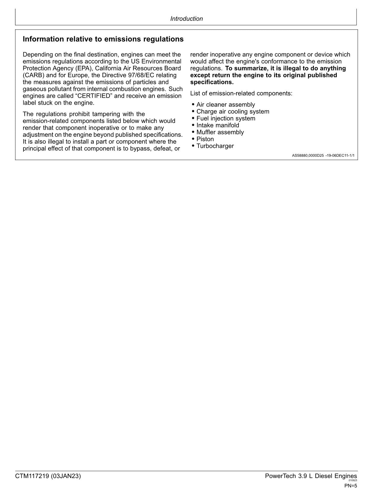 John Deere PowerTech 4039 3.9 W70 L Engine REPAIR SERVICE MANUAL CTM117219