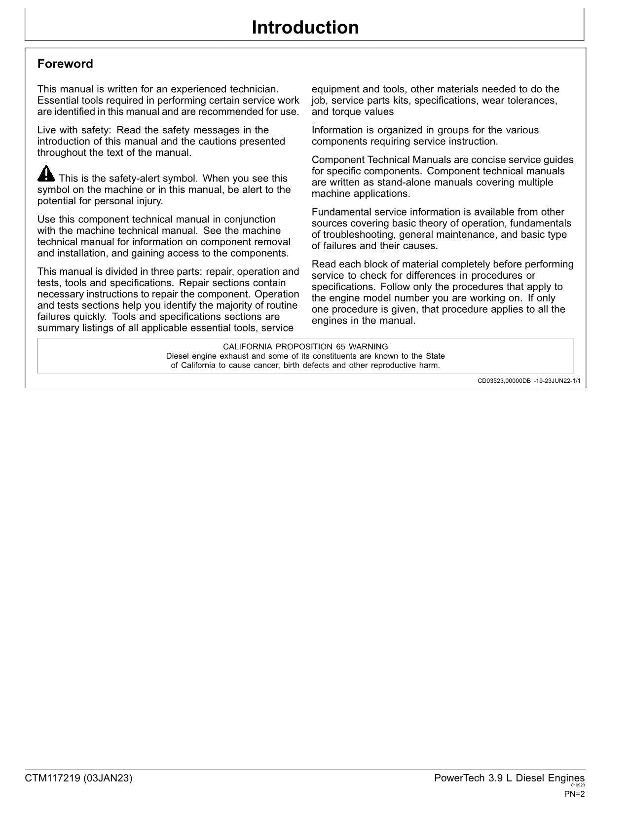 John Deere PowerTech 4039 3.9 W70 L Engine REPAIR SERVICE MANUAL CTM117219