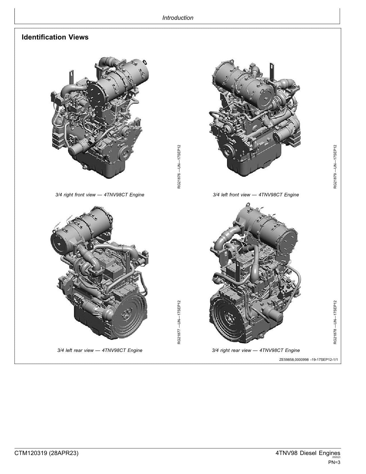 John Deere Yanmar 4TNV98 Engine REPAIR SERVICE TECHNICAL MANUAL CTM120319