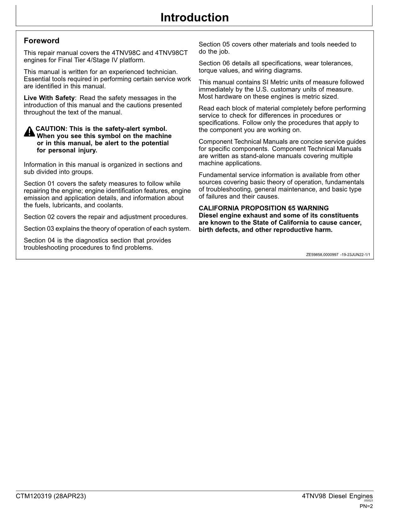 John Deere Yanmar 4TNV98 Engine REPAIR SERVICE TECHNICAL MANUAL CTM120319