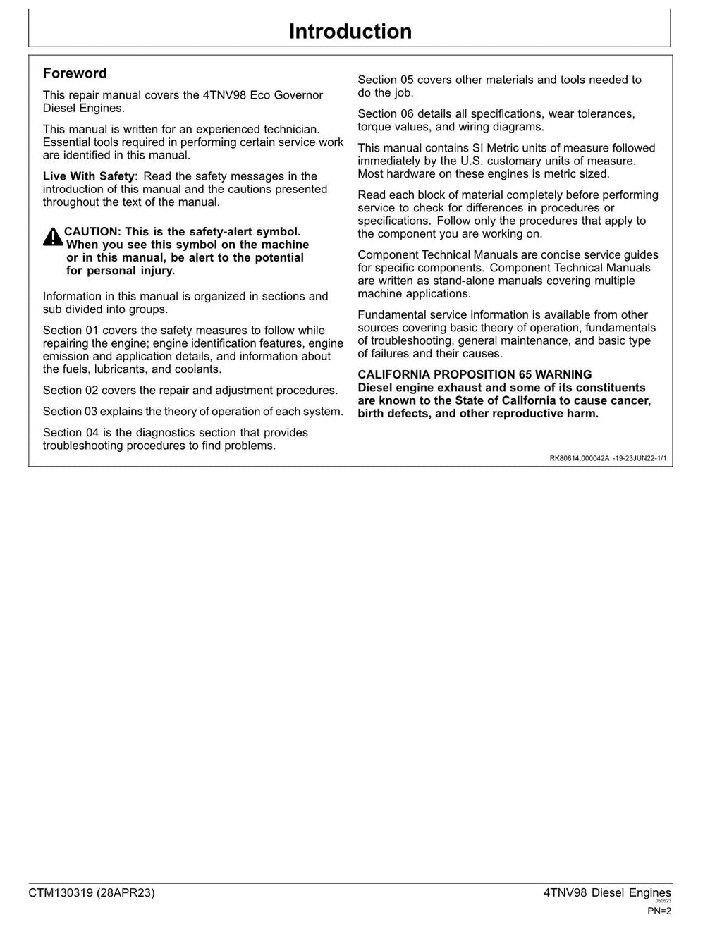 John Deere Yanmar 4TNV98 4TNV98T Engine REPAIR SERVICE MANUAL CTM130319