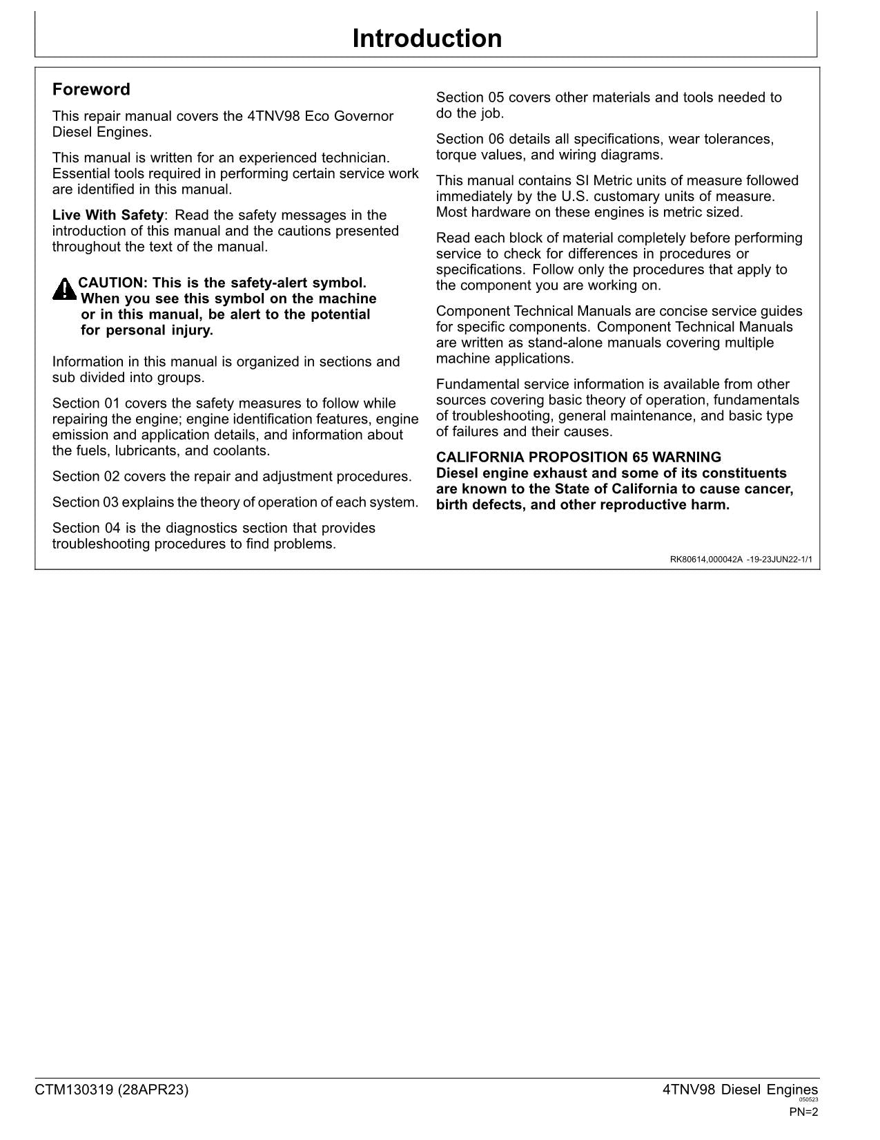 John Deere Yanmar 4TNV98 4TNV98T Engine REPAIR SERVICE MANUAL CTM130319