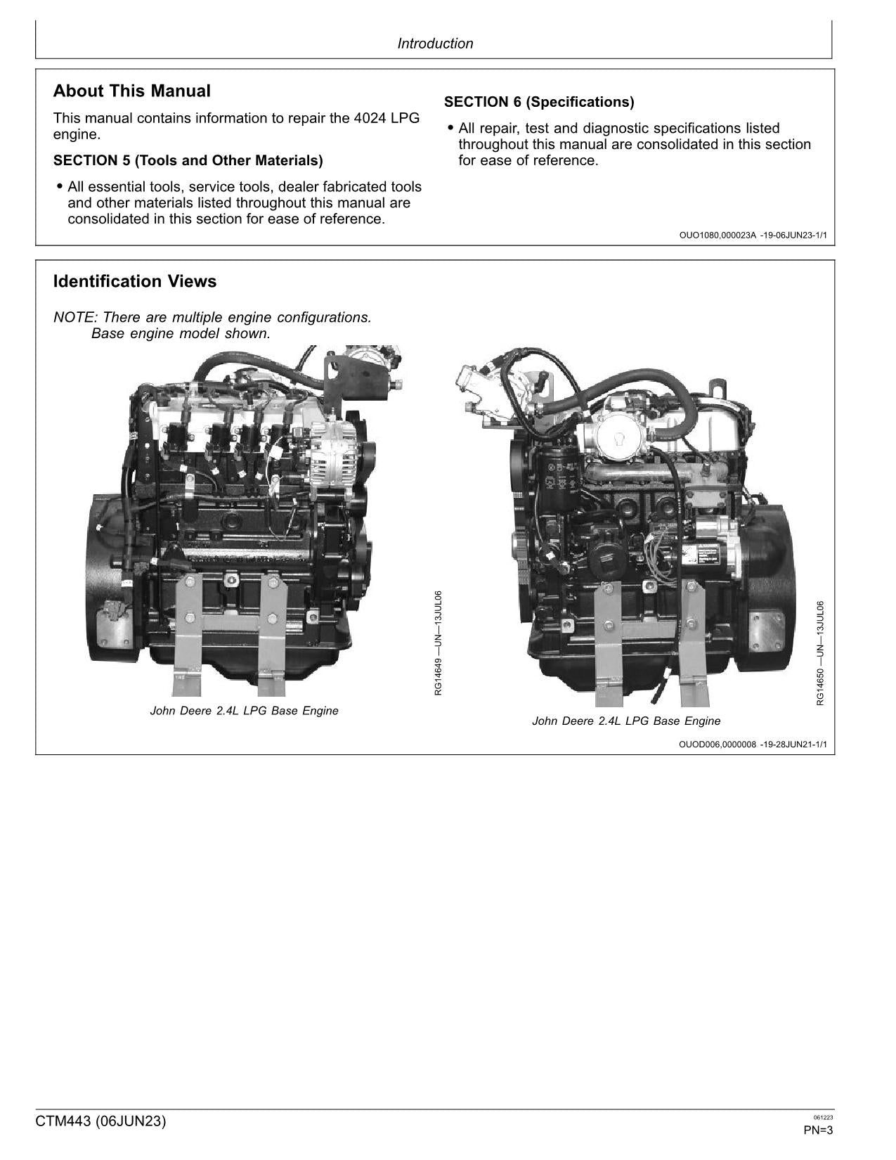 John Deere 4024 2.4L GLP Motor REPARACIÓN SERVICIO MANUAL TÉCNICO CTM443