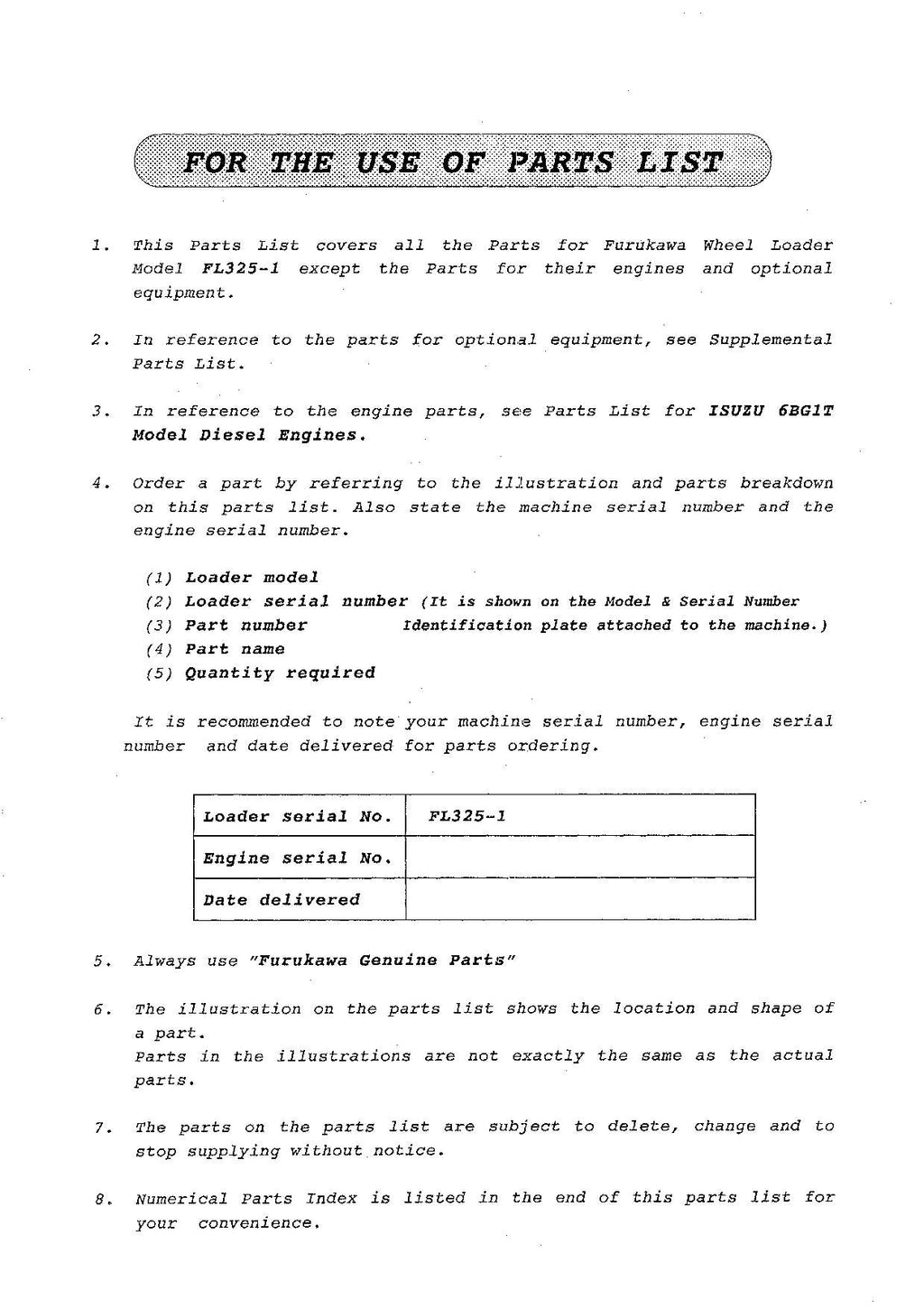 Hitachi FL325-1 Wheel Loader Parts Catalog Manual SN all
