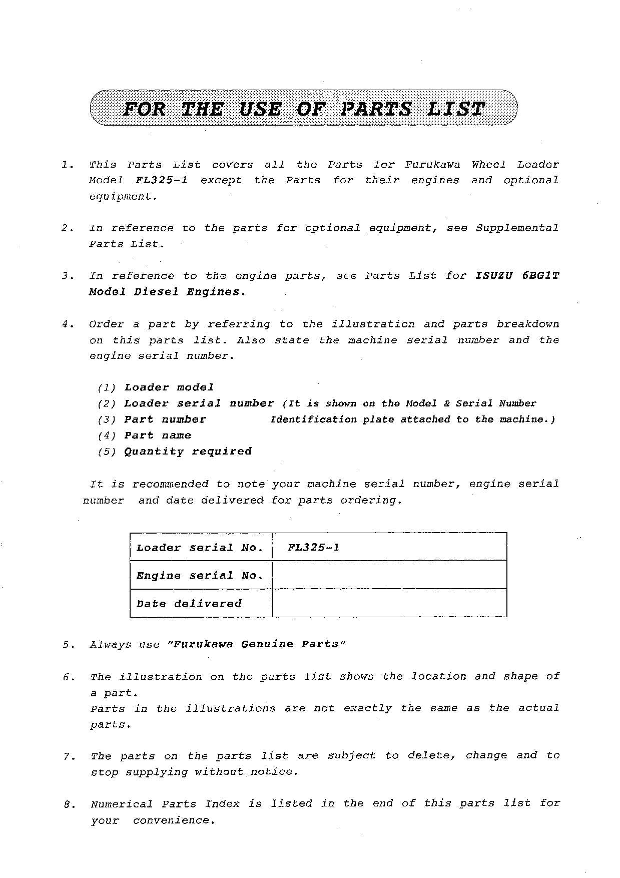 Hitachi FL325-1 Wheel Loader Parts Catalog Manual SN all