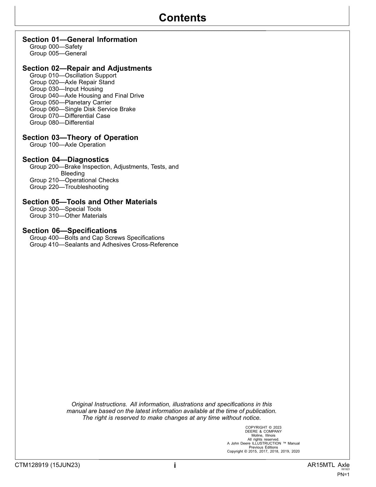JOHN DEERE AR15MTL 1200 1400 1600 AR15MTL INBOARD PLANETARY AXLE SERVICE MANUAL