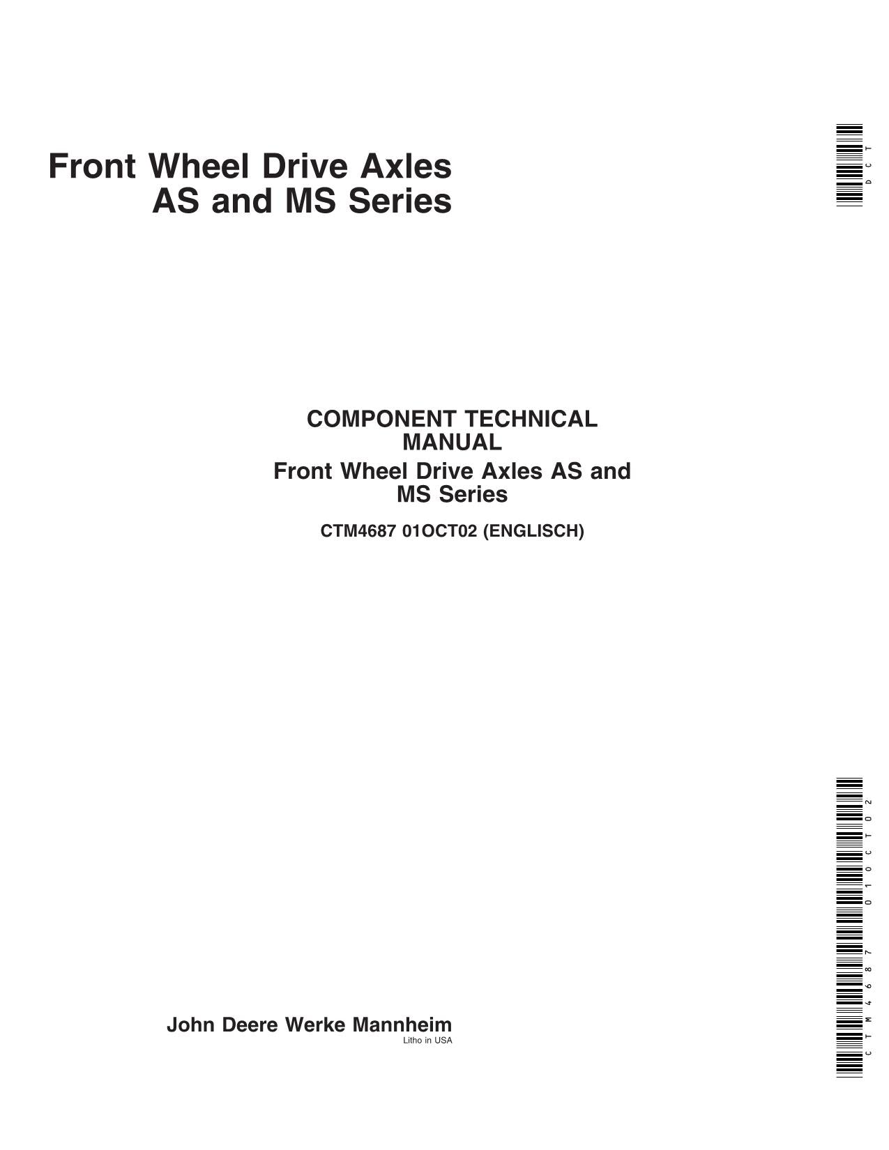 JOHN DEERE 6020 6120 6220 6320 6420 6420S 6620 6820 AXLE AS MS SERVICE MANUAL