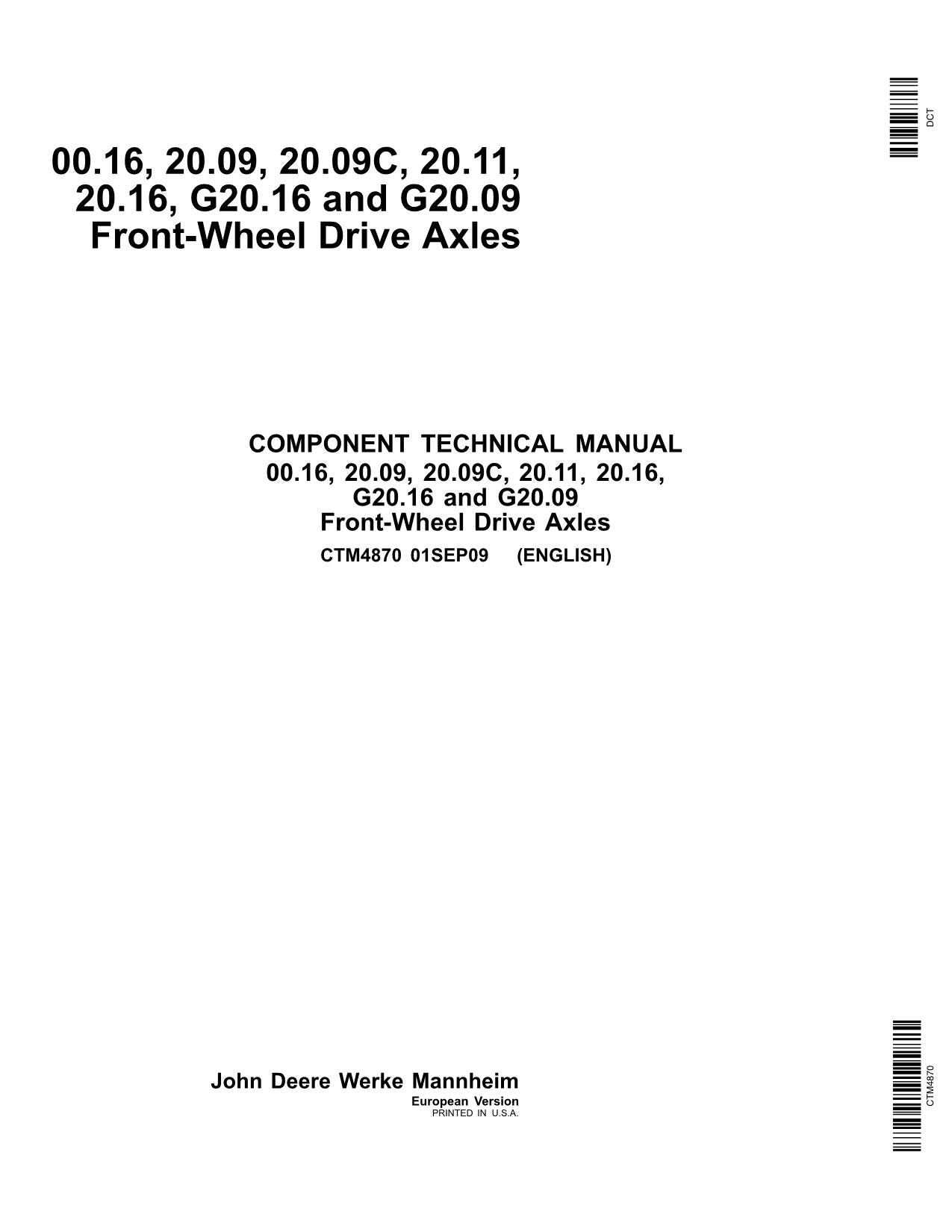 JOHN DEERE 00.16 20.09 20.09C 20.11 20.16 MANUAL DE SERVICIO DEL EJE DE TRACCIÓN DELANTERA