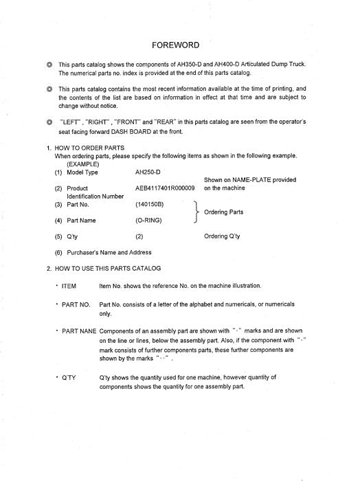HITACHI AH250D AH300D  DUMP TRUCK PARTS CATALOG  MANUAL