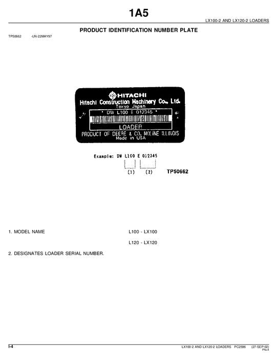 HITACHI LX100-2 LX120-2 LOADER PARTS CATALOG MANUAL