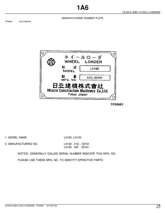 HITACHI LX100-2 LX120-2 LOADER PARTS CATALOG MANUAL