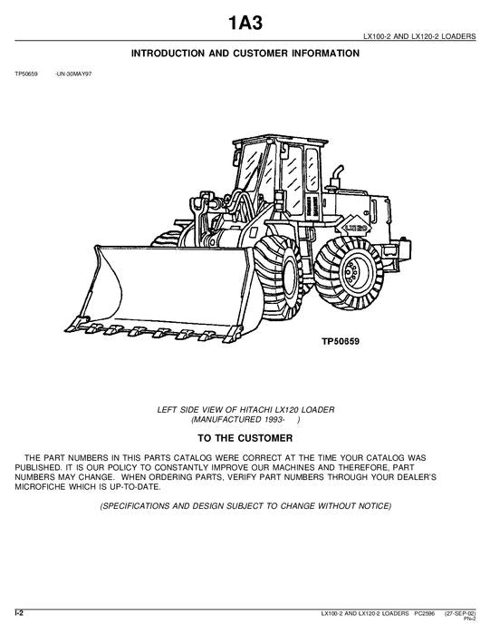 HITACHI LX100-2 LX120-2 LOADER PARTS CATALOG MANUAL
