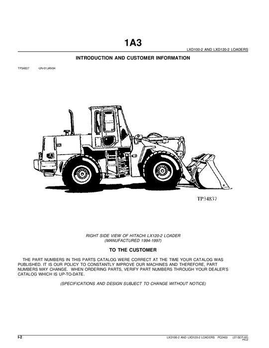 HITACHI LXD100-2 LXD120-2 LOADER PARTS CATALOG MANUAL