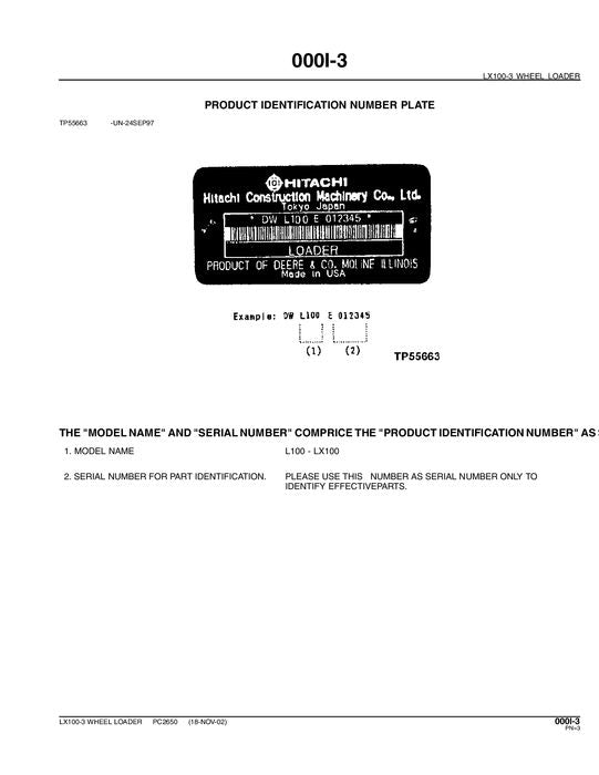 HITACHI JOHN DEERE EX100-3 LOADER PARTS CATALOG MANUAL