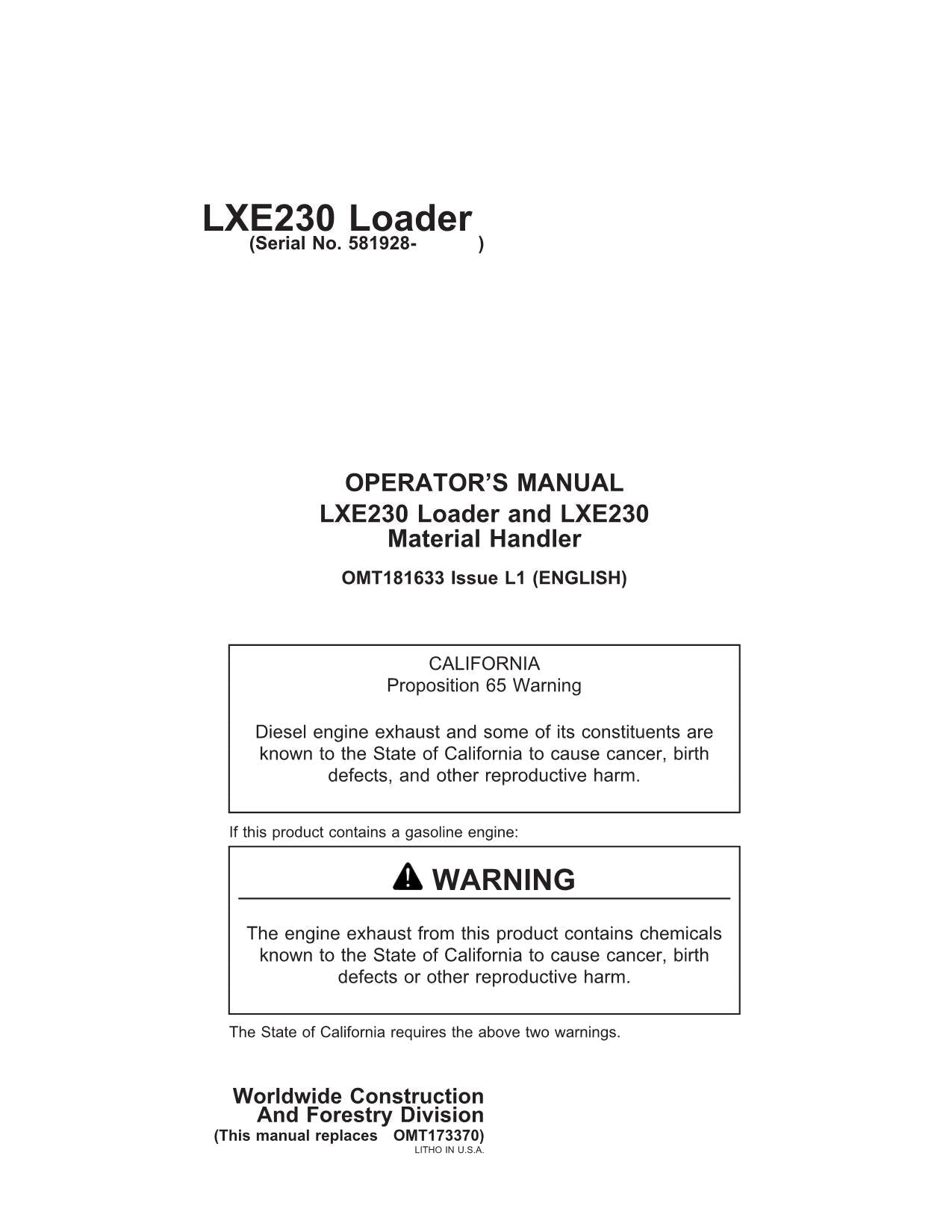 HITACHI LXE230 LOADER OPERATORS MANUAL SER 581928-