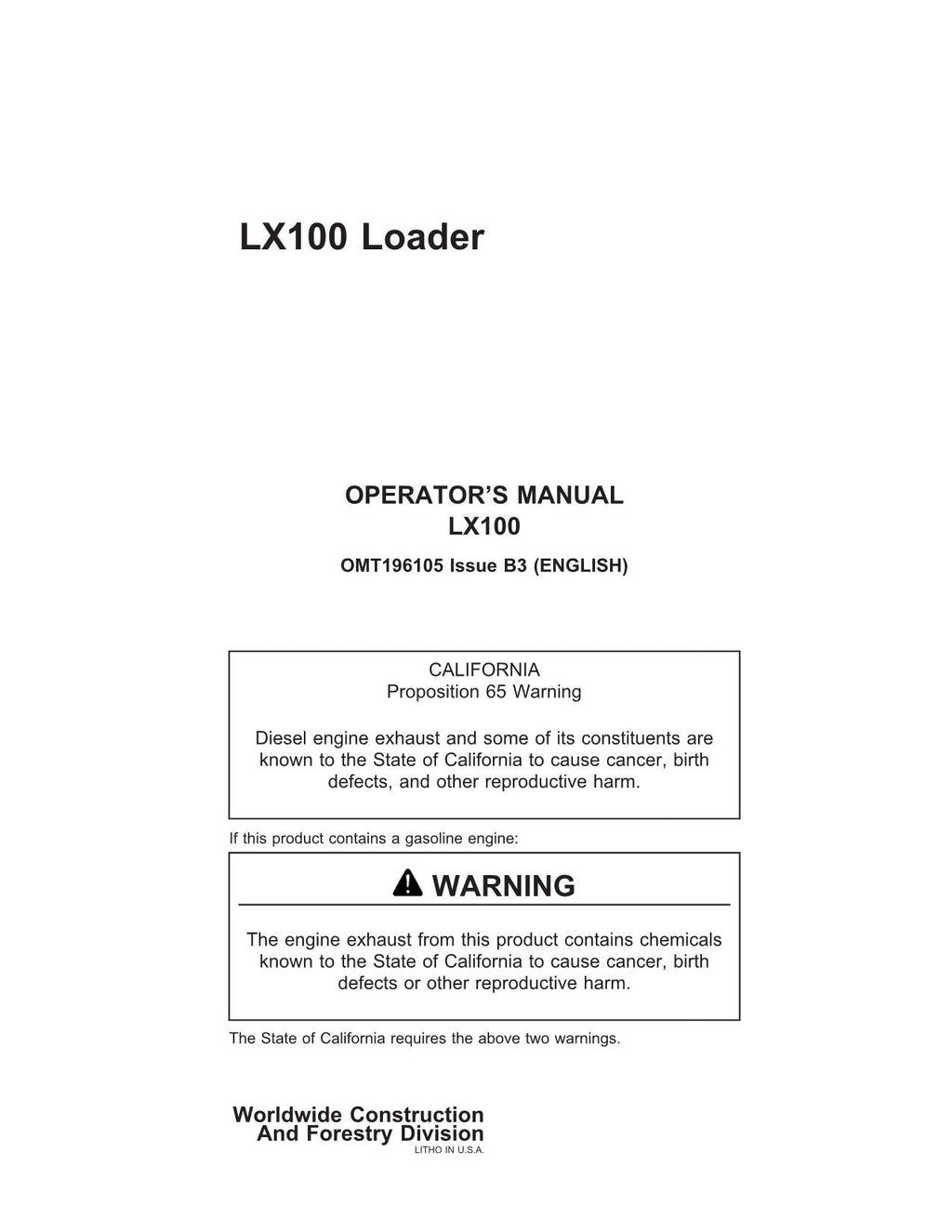 HITACHI LX100 LOADER OPERATORS MANUAL