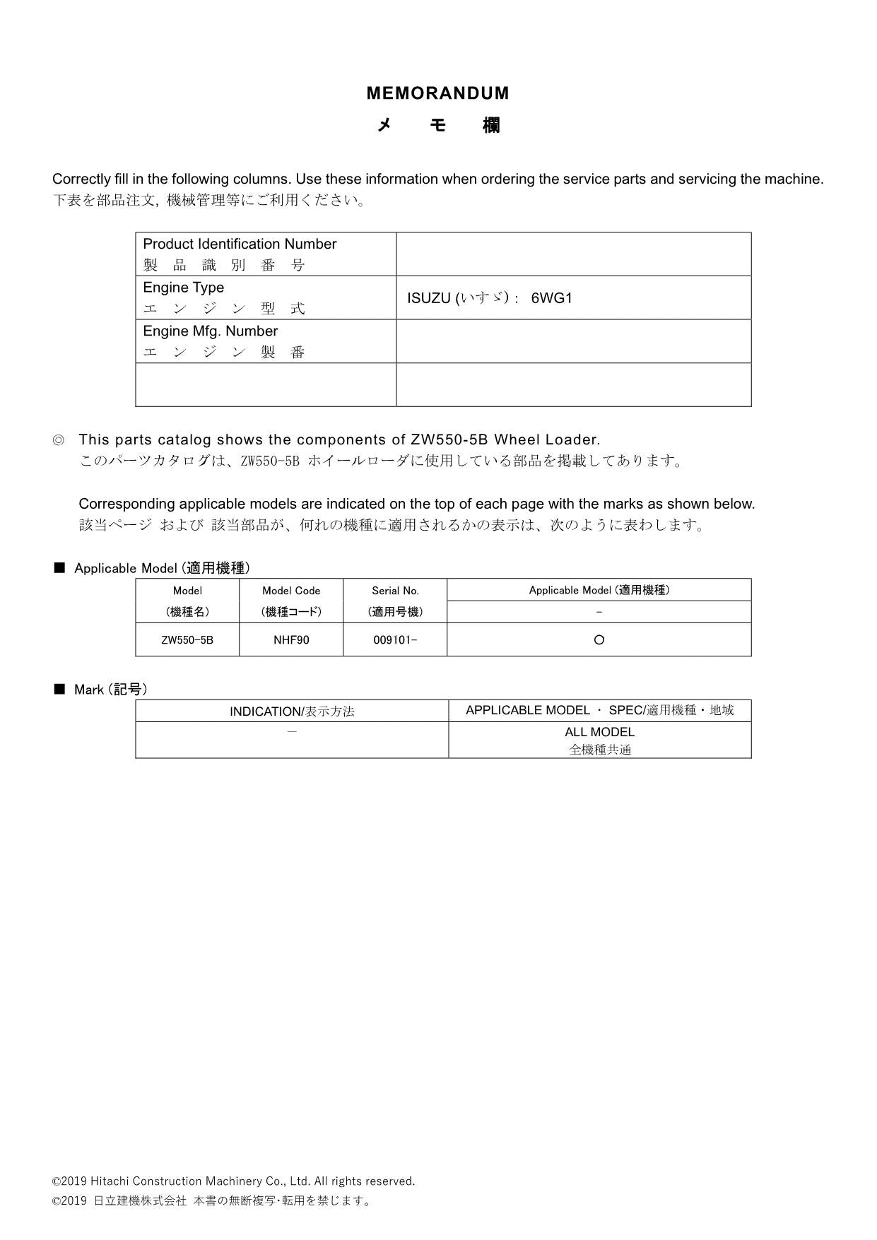 Hitachi ZW550-5B Turkey Wheel Loader Parts Catalog Manual SN NHF90 009101-up