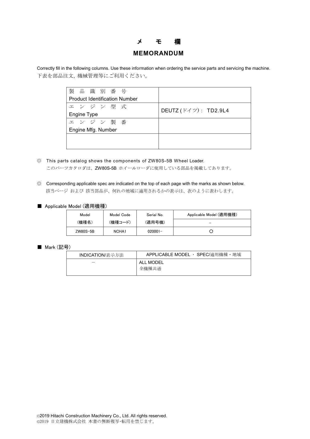 Hitachi ZW80S-5B Wheel Loader Parts Catalog Manual SN 020001-up