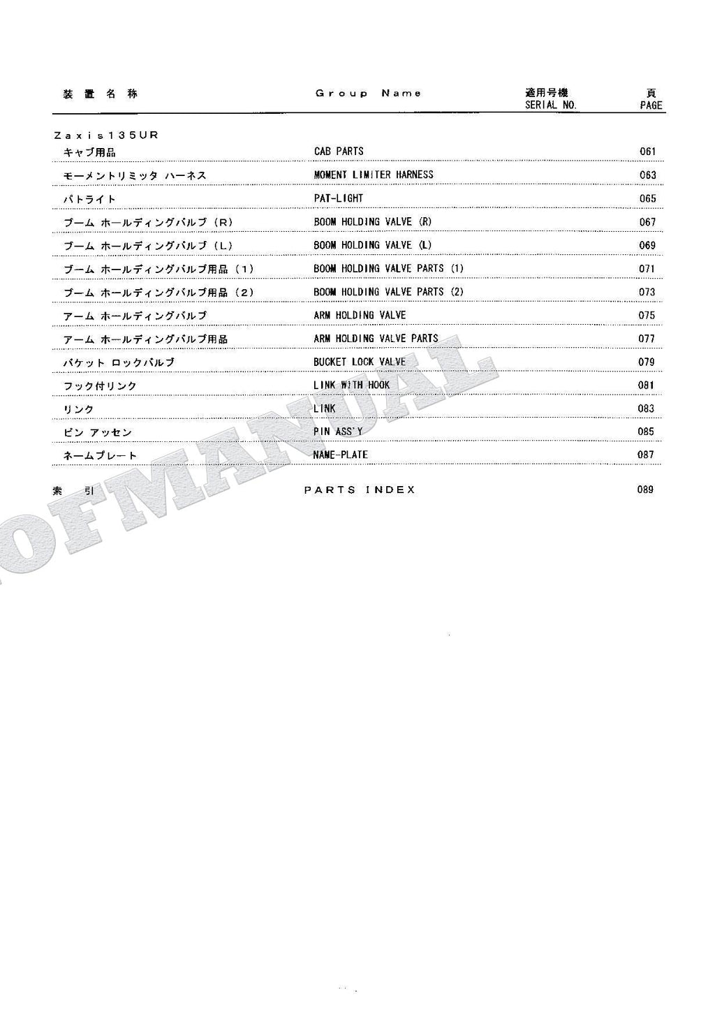 HITACHI ZAXIS ZX75US-A ZX75UR ZX135UR ML Crane Excavator Parts Catalog Manual