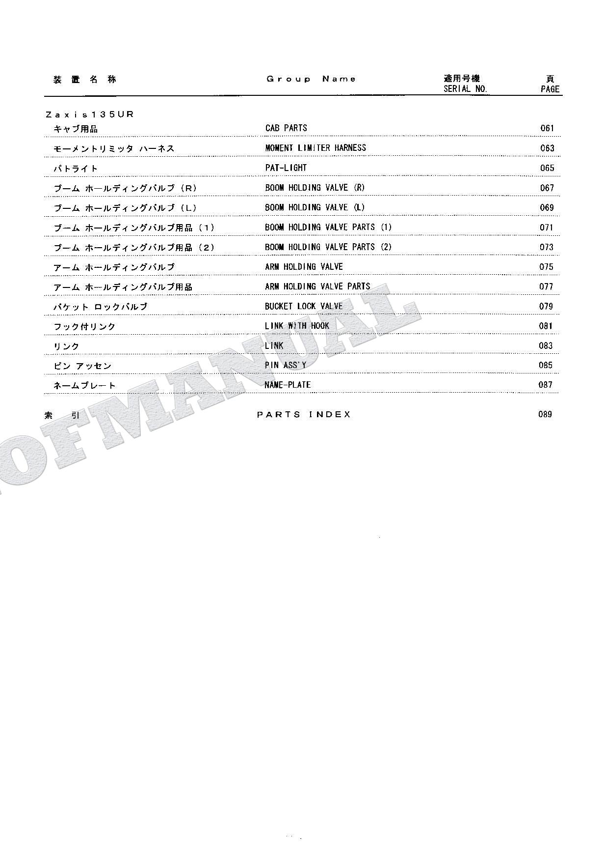 HITACHI ZAXIS ZX75US-A ZX75UR ZX135UR ML Crane Excavator Parts Catalog Manual