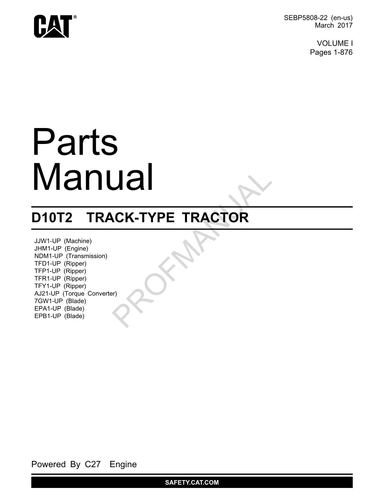 Caterpillar Cat D10T2 Track Type Tractor Parts Catalog Manual SEBP5808