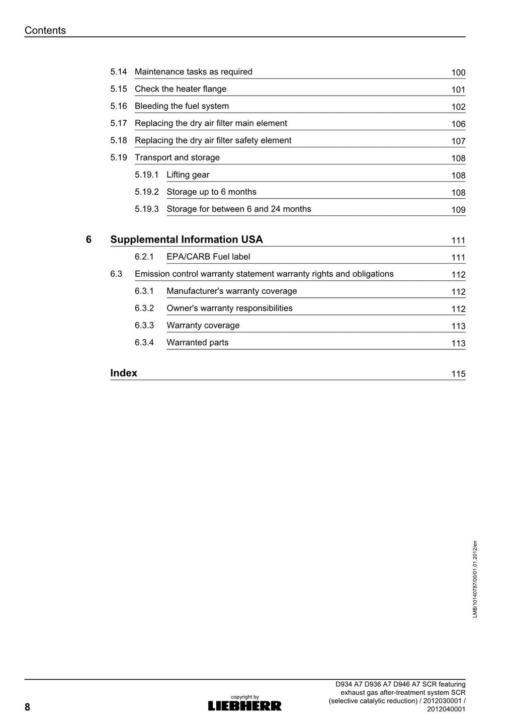 Liebherr D934 D936 D946 SCR featuring exhaust gas engine Operators manual
