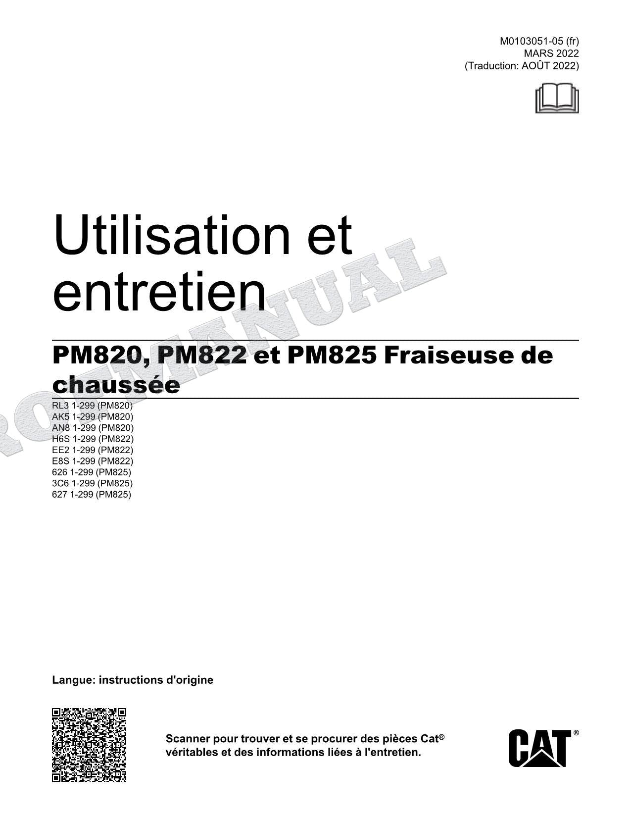 Caterpillar PM820 PM822 PM825 Fraiseuse Manuel D'Opération M0103051FR