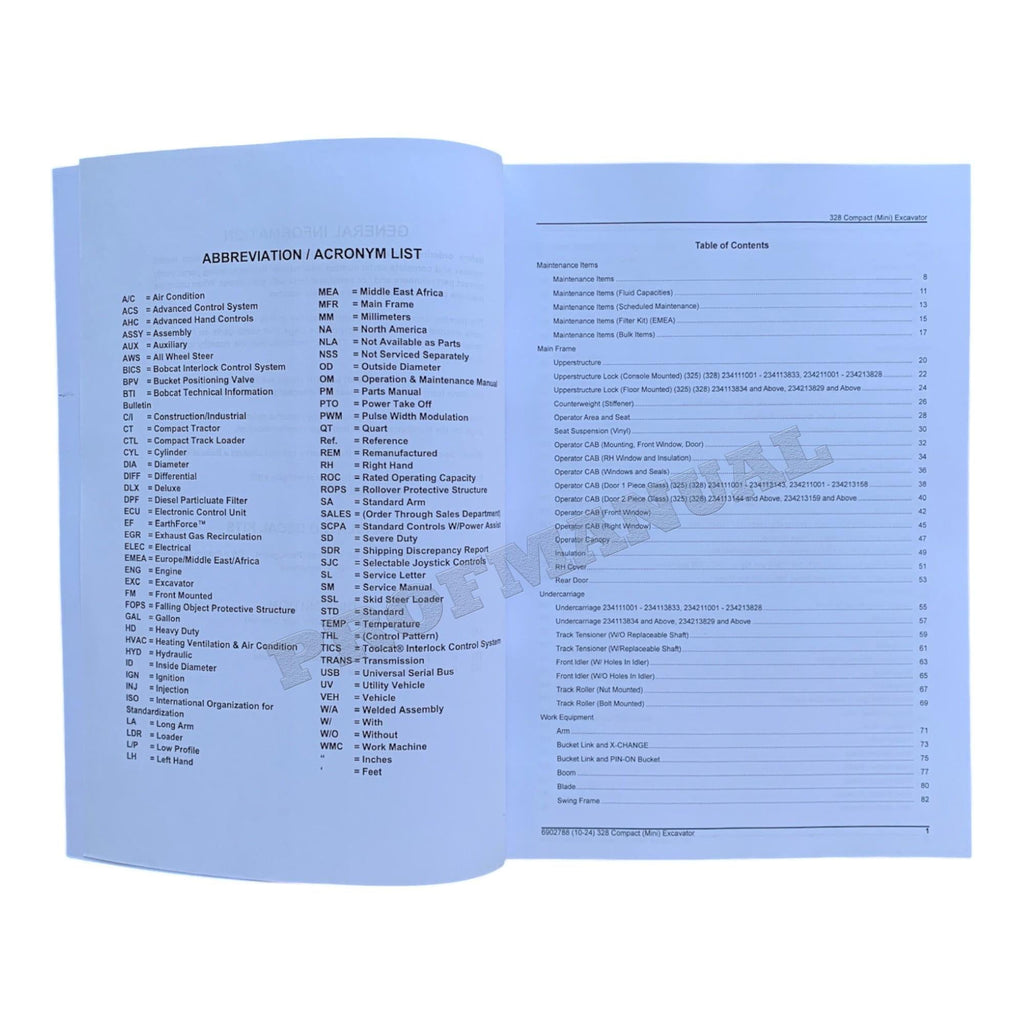 Bobcat 328 Excavator Parts Catalog Manual 234111001- 234211001-