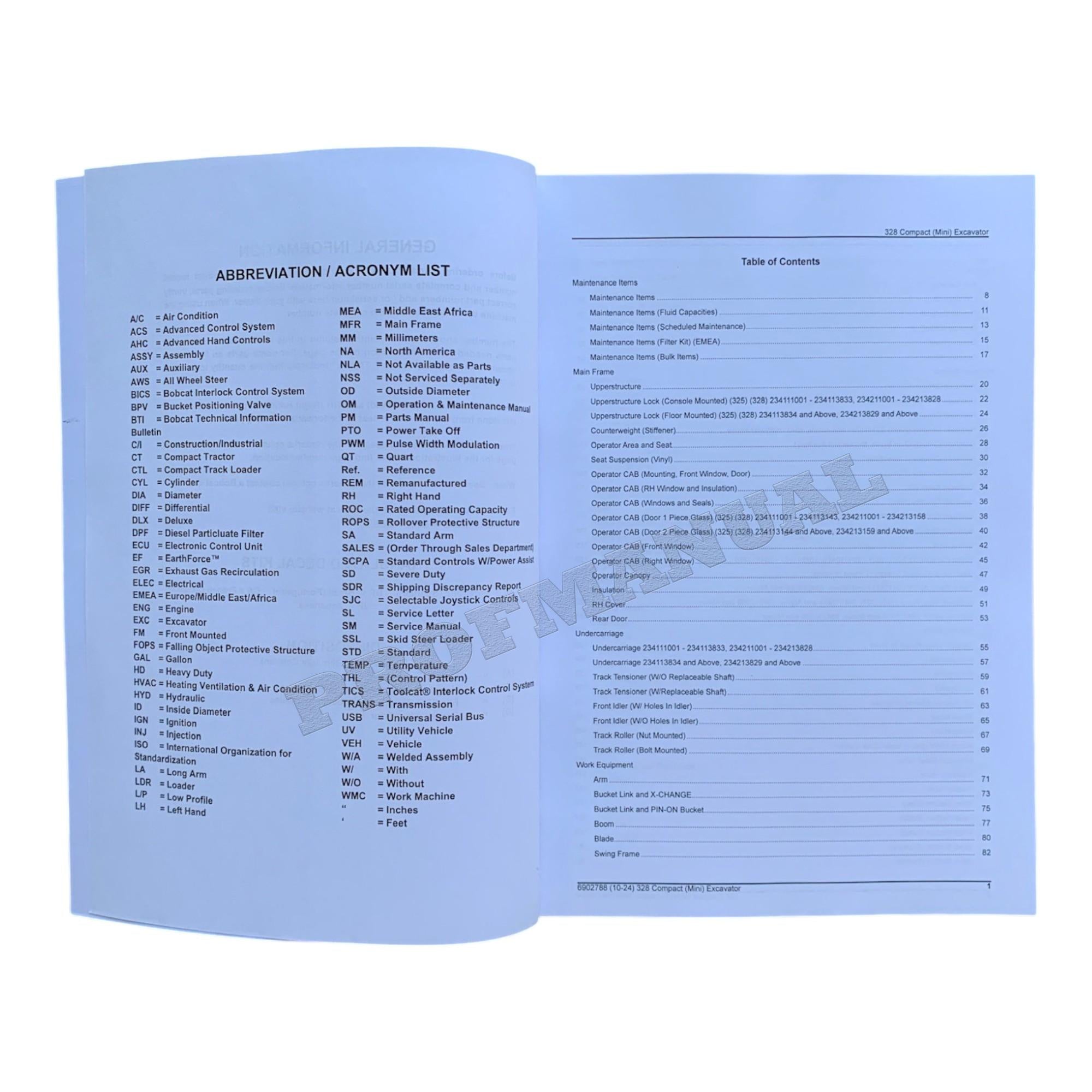 Bobcat 328 Excavator Parts Catalog Manual 234111001- 234211001-