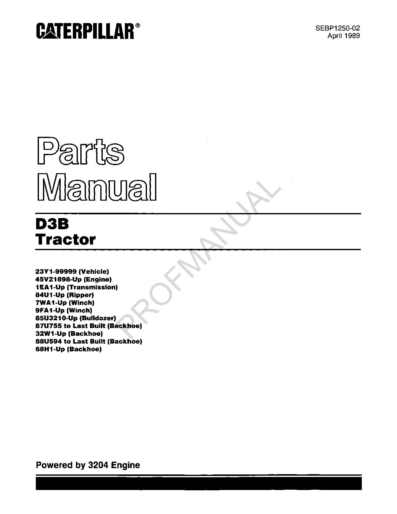 Caterpillar Cat D3B Tractor Parts Catalog Manual SEBP1250
