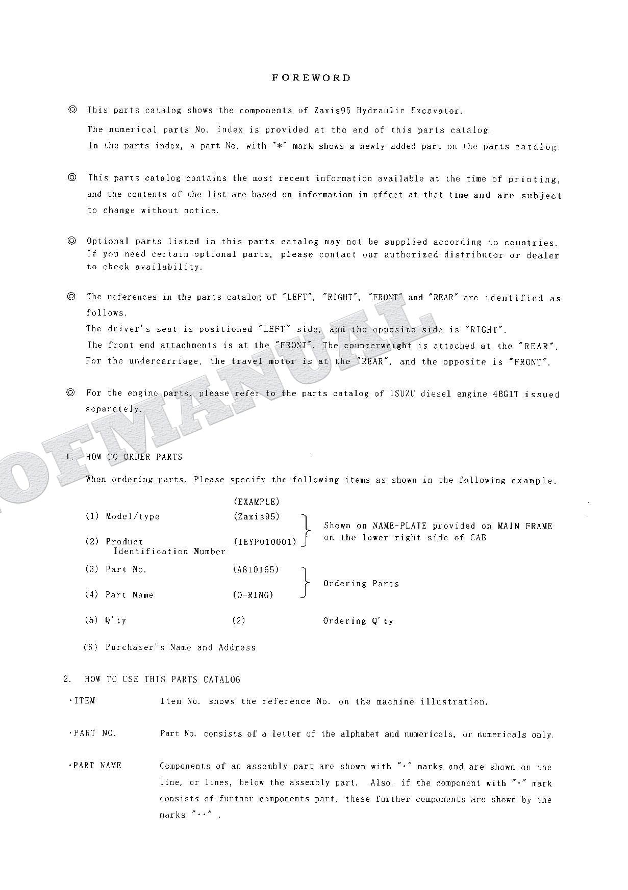 HITACHI ZAXIS ZX95 Excavator Parts Catalog Manual SN 010001-