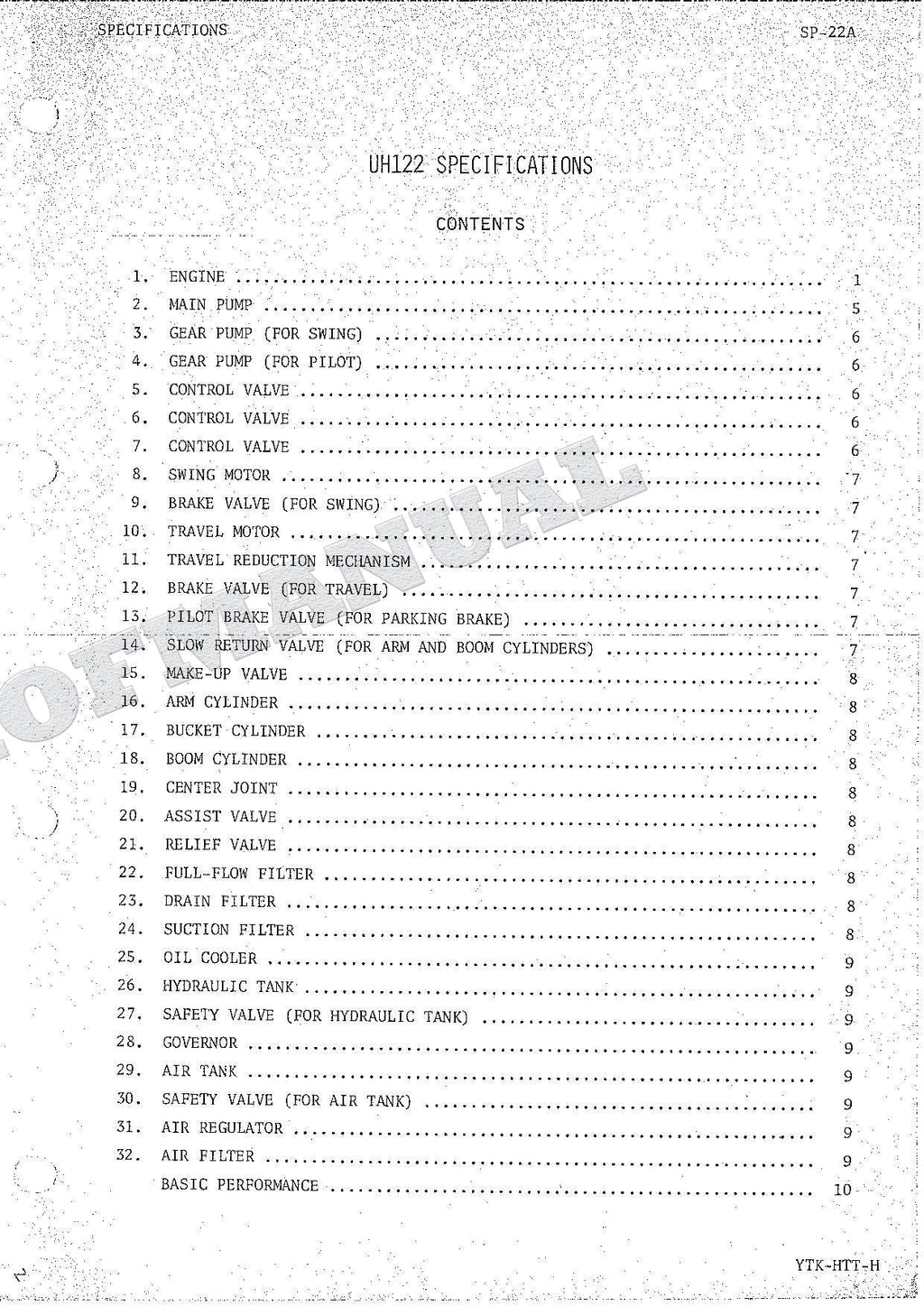 HITACHI UH122 Excavator Repair Service manual Specification