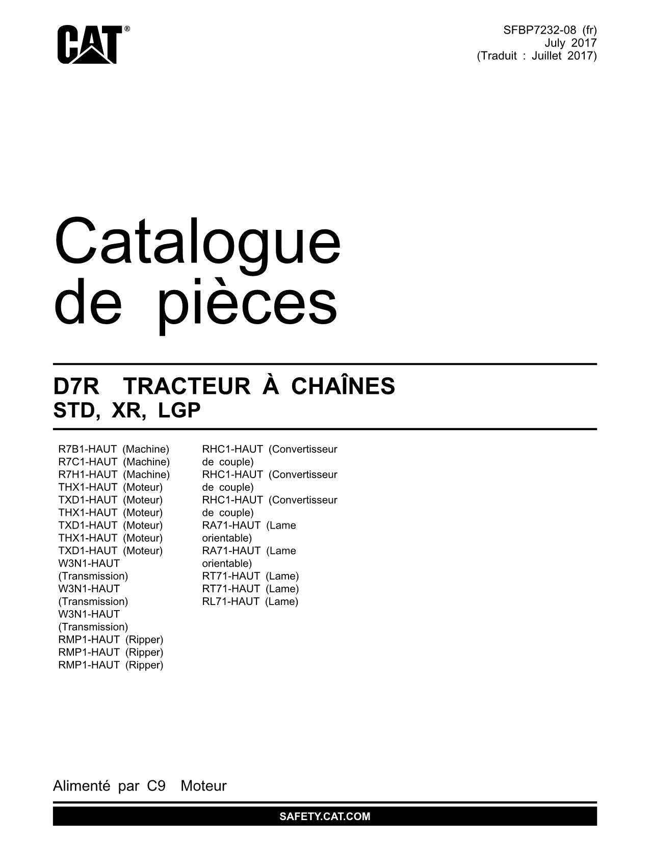 Caterpillar D7R STD XR LGP Tracteur Manuel de catalogue de pièces