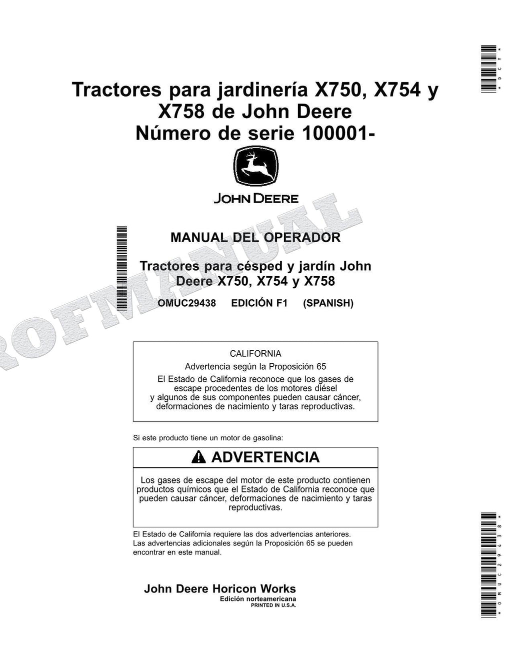 John Deere X750 X754 X758 Tractor Manual del Operador Español SN 100001-