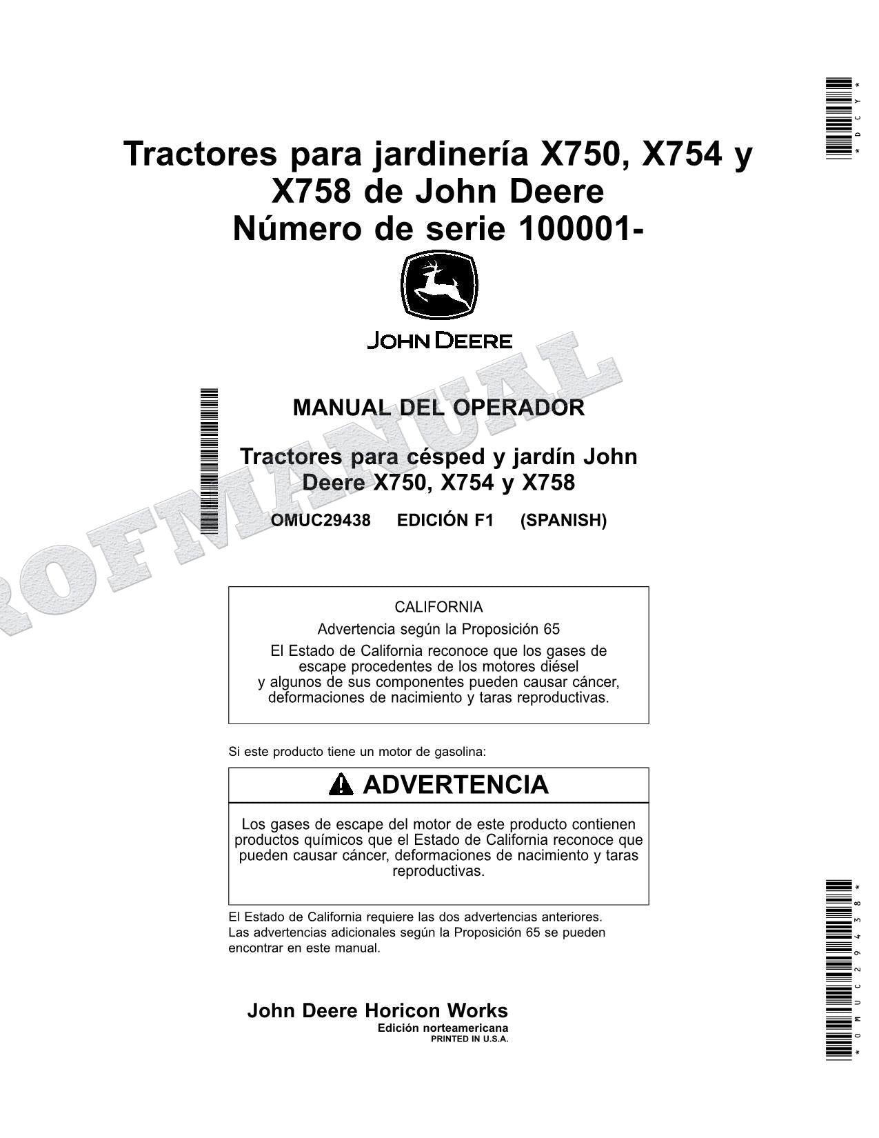 John Deere X750 X754 X758 Tractor Manual del Operador Español SN 100001-