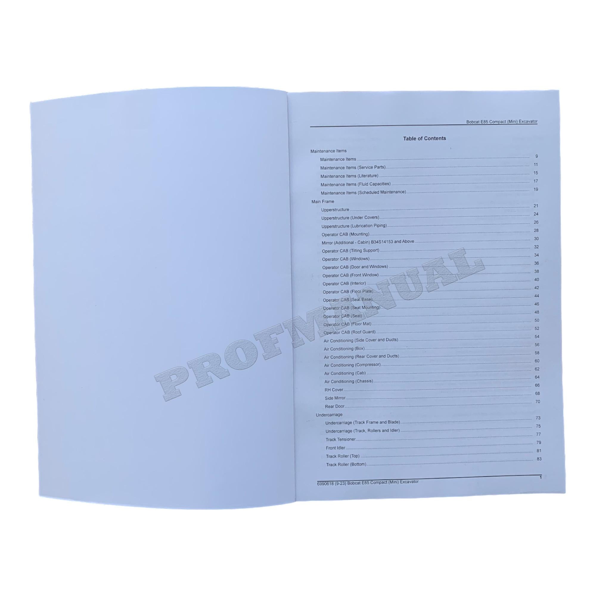 Bobcat E85 Excavator Parts Catalog Manual B34S11001-