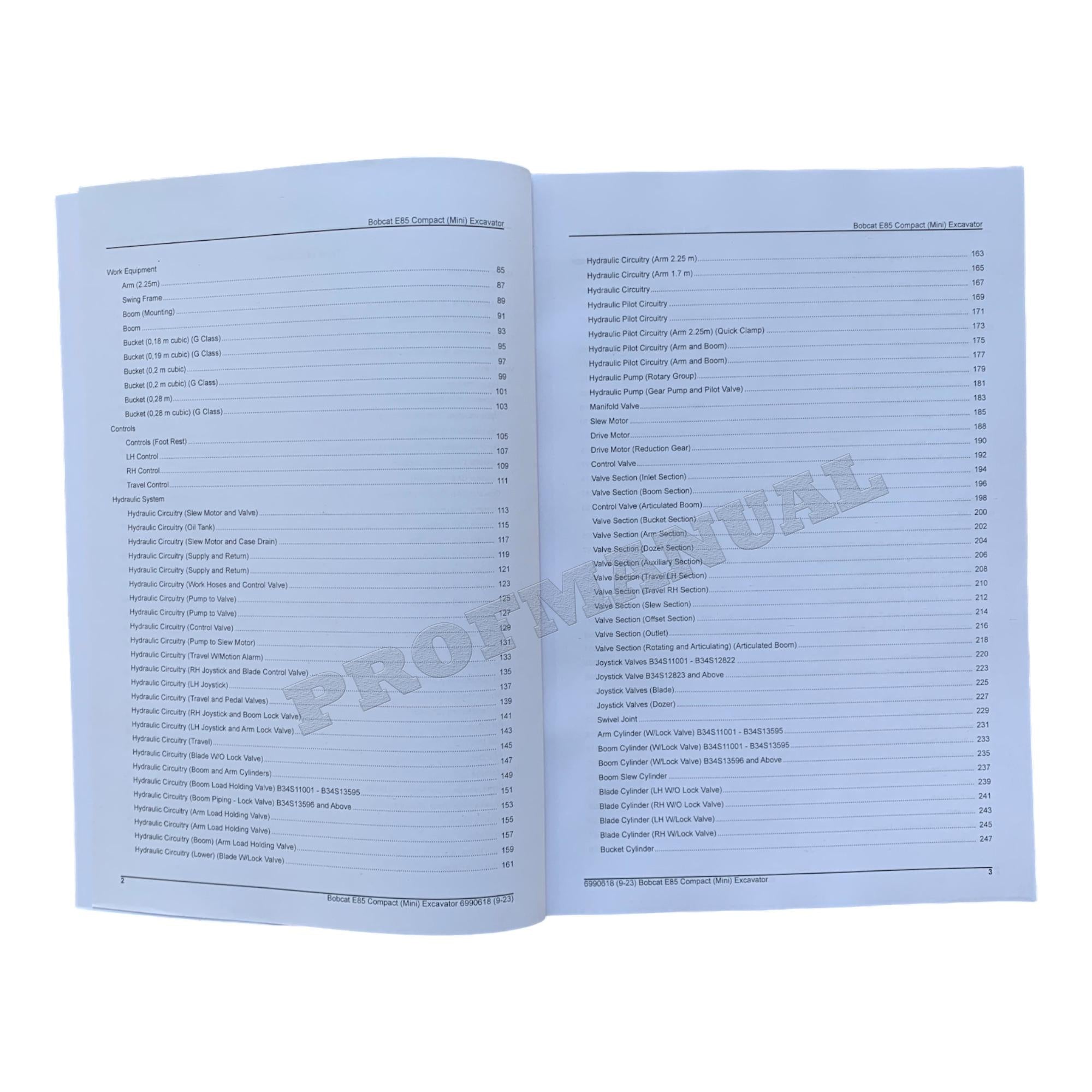 Bobcat E85 Excavator Parts Catalog Manual B34S11001-