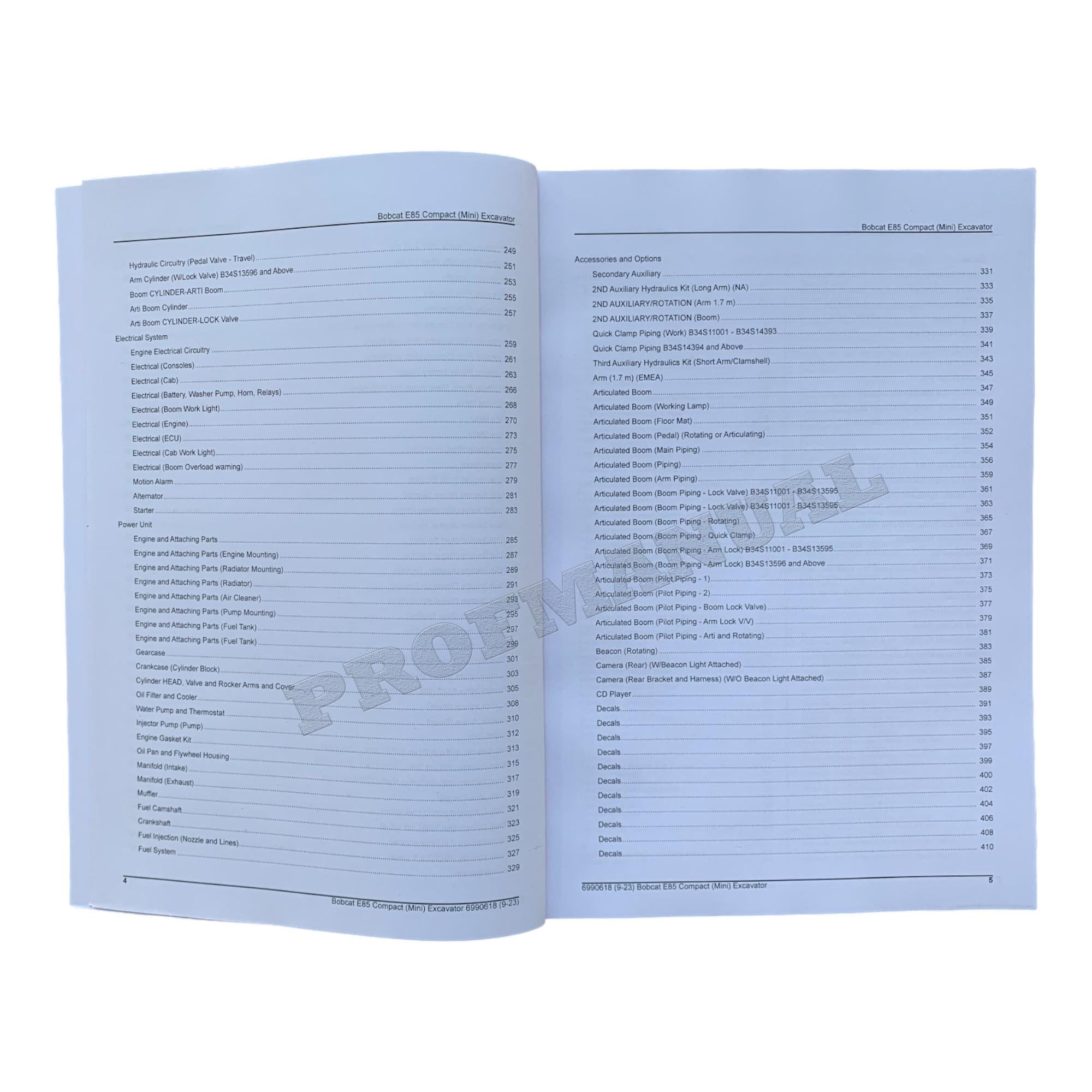 Bobcat E85 Excavator Parts Catalog Manual B34S11001-