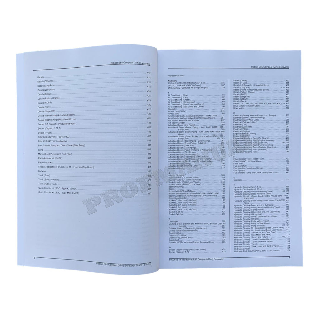 Bobcat E85 Excavator Parts Catalog Manual B34S11001-