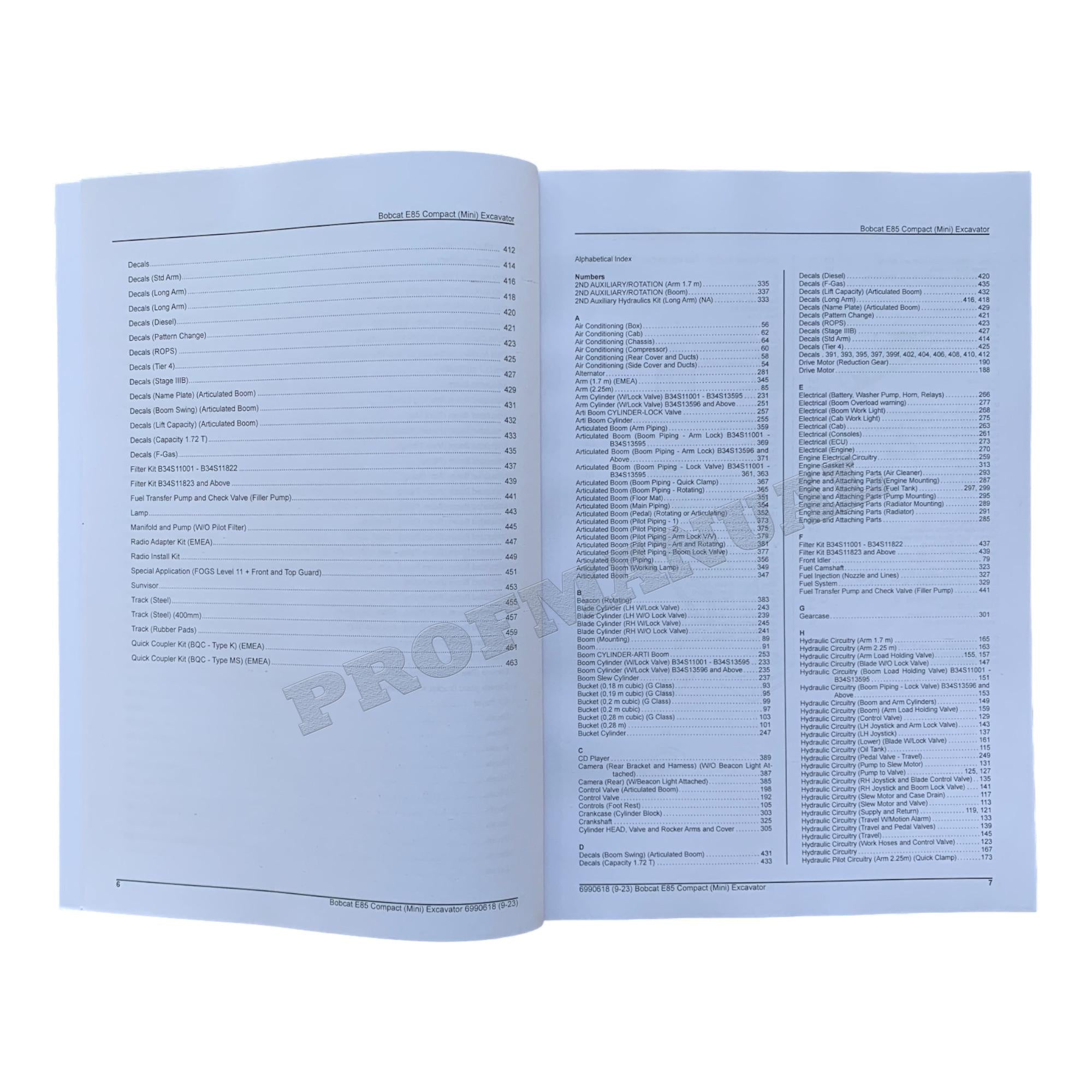 Bobcat E85 Excavator Parts Catalog Manual B34S11001-