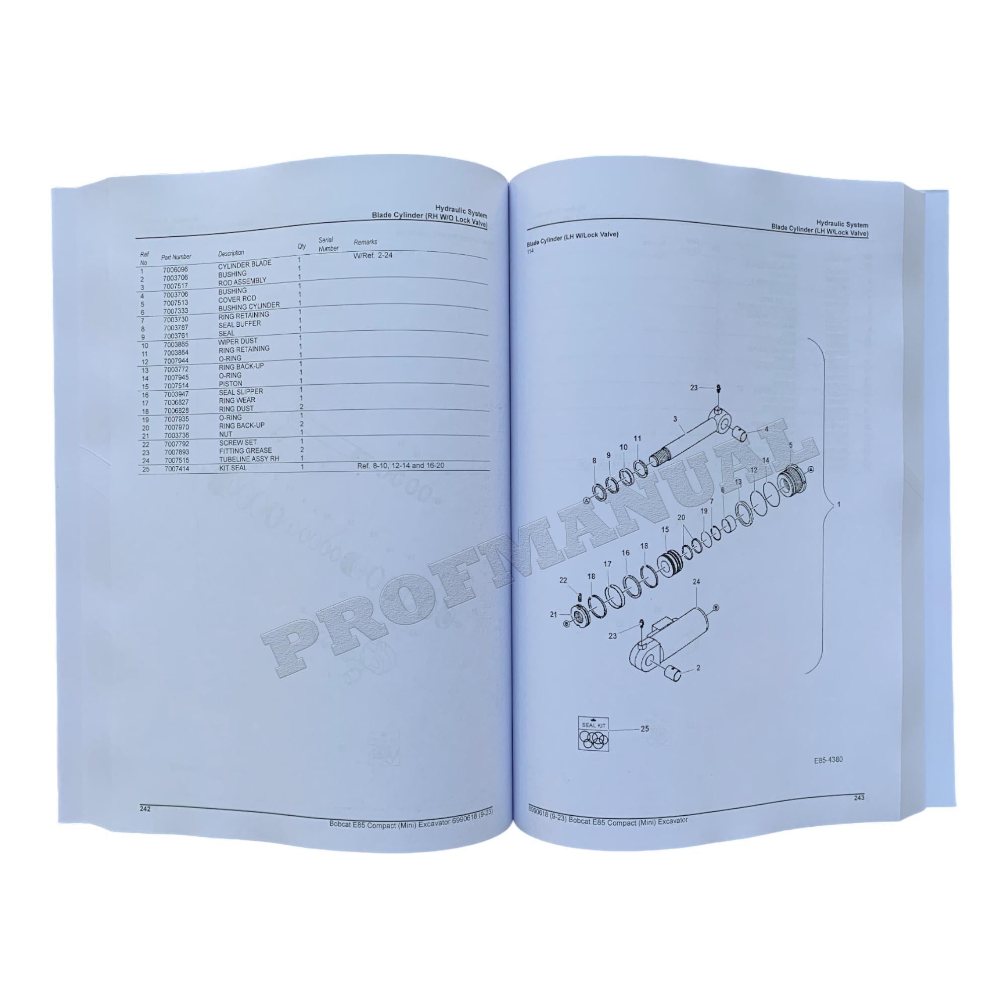 Bobcat E85 Excavator Parts Catalog Manual B34S11001-