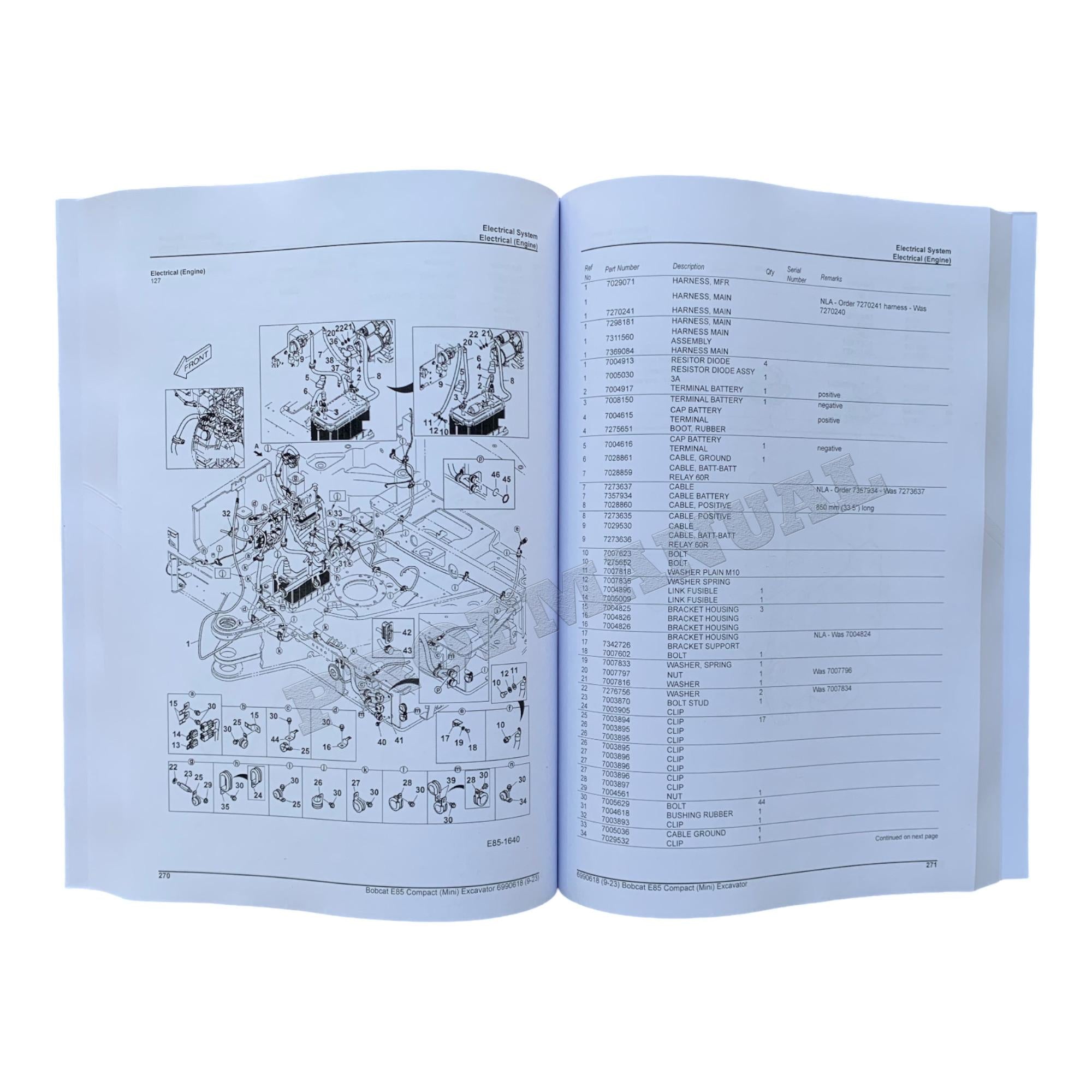 Bobcat E85 Excavator Parts Catalog Manual B34S11001-