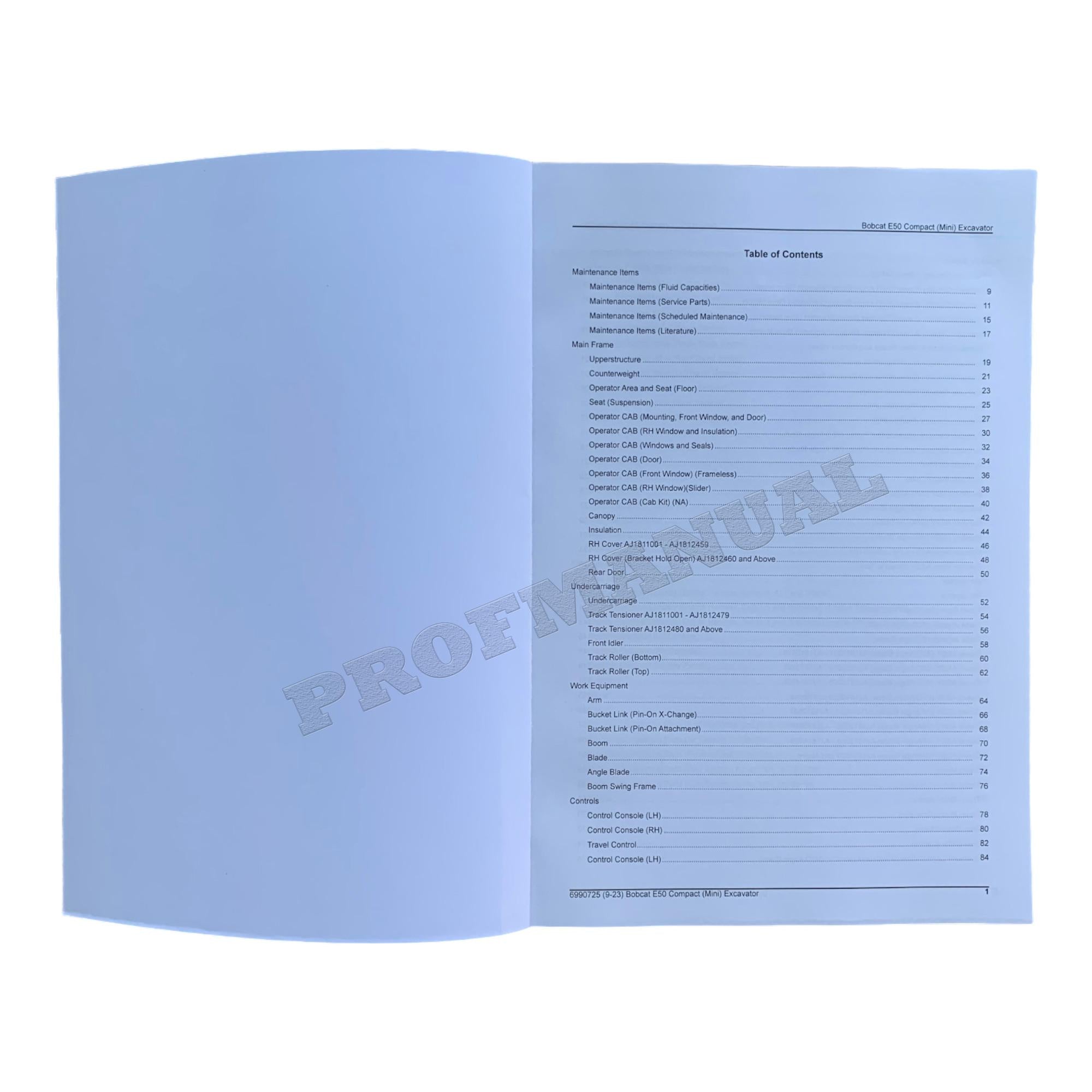 Bobcat E50 Excavator Parts Catalog Manual AJ1811001-