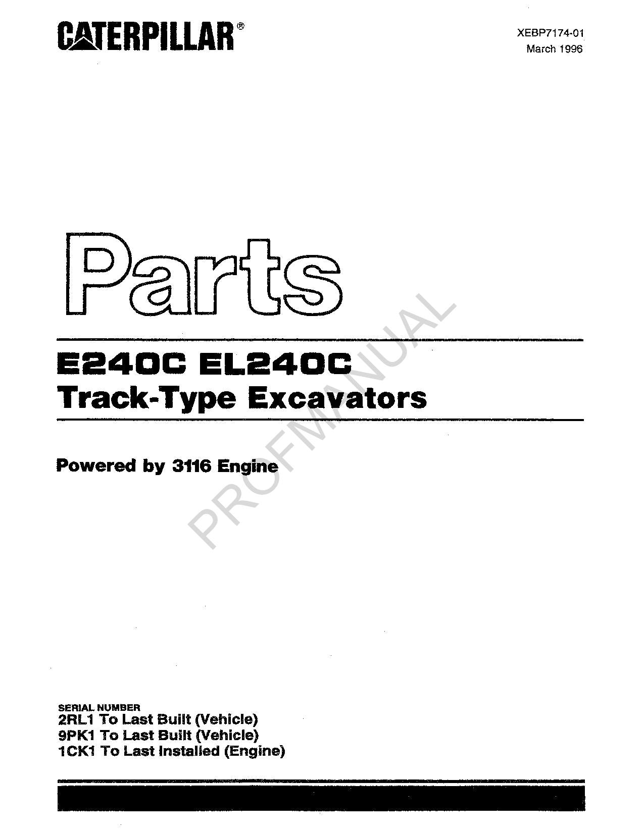 Caterpillar Cat E240C EL240C Track Type Excavator Parts Catalog Manual XEBP7174
