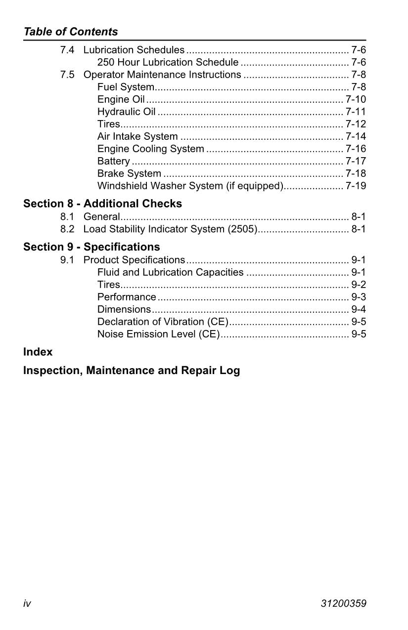 Manual del operador de mantenimiento y operación del manipulador telescópico JLG 2505H G5-18A 31200359